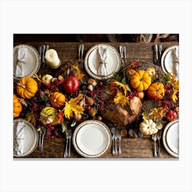 An Autumnal Composition On A Rustic Wooden Table Setting Featuring A Variety Of Harvested Ingredien Canvas Print