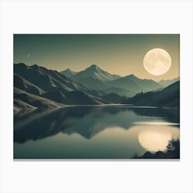 Serene Lake Reflecting Majestic Mountains Under A Full Moon In A Tranquil Night Scene Canvas Print