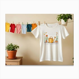 A White T Shirt With A Design Of A Watering Can And Plants In Pots Canvas Print