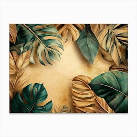 Vintage Tropical Green Brown Leaves, Beige Background, Golden Texture 8 Canvas Print