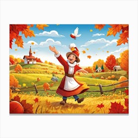 Cartoon Illustration Of A Joyful Feathered Pilgrim Character Adorned With A Traditional Happy Hat (1) Canvas Print