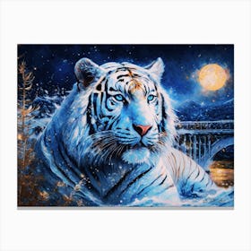 White Tiger Emerge Form River at Night Quality Impressionism Abstract Brushstroke Color Painting Canvas Print