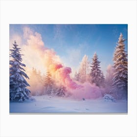 Baby Blue Pink Yellow And Light Magenta Smoke Swirling Amidst Snow Dusted Pine Trees In A Winter Canvas Print