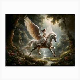 Majestic Beauty, A mythical scene depicting a woman riding a majestic winged horse, known as a Pegasus, across a serene forest creek. Rays of light sift through the trees, illuminating the ethereal pair as they stride through a verdant landscape. classic art  Canvas Print