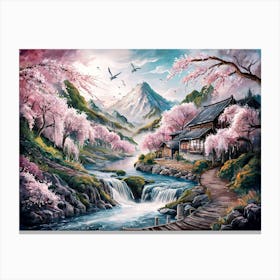 Cherry Blossom and Mountain River Painting #5 Canvas Print