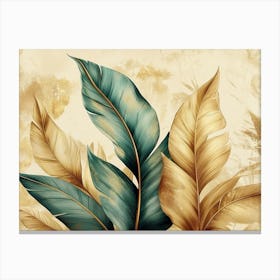 Tropical Green, Brown Gold Leaves and Blue Feathers Canvas Print