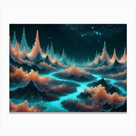 An Abstract, Digital Landscape With Glowing, Turquoise, Orange, And Blue Lines That Create A Sense Of Depth And Dimension Canvas Print