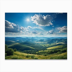 Cumulus Clouds Strewn Across A Blue Sky Above A Sweeping Scenic Landscape Vibrant Greenery Rollin 2 2 Canvas Print