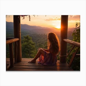 Sunset Girl Sitting On Deck Canvas Print