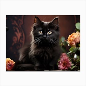 Cute Black Cat And Flowers 05 Canvas Print
