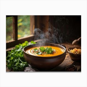 Autumn Pumpkin Curry Soup Steaming In An Earthenware Bowl Vibrant Orange Against Dark Green Lettuc (5) Canvas Print