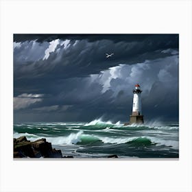 Lighthouse In Stormy Sea Canvas Print
