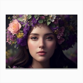 Girl Wearing A Floral Crown On Her Head Canvas Print