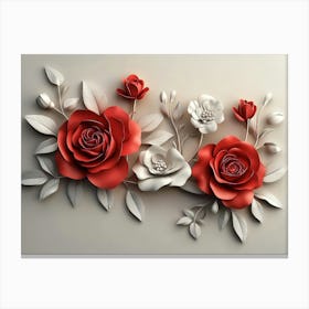 3d Red, Rose Simple Floral Painting Light Gray Canvas Print