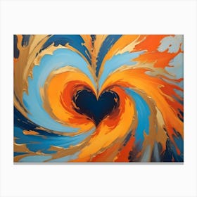 Abstract Blue Heart Shape In The Center Of A Swirling Mixture Of Blue, Orange, And Gold Paint Canvas Print