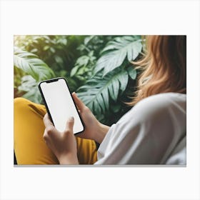 Woman Holding A Smartphone With A Blank Screen In Vertical Position, Mockup For App Or Website Design 1 Canvas Print