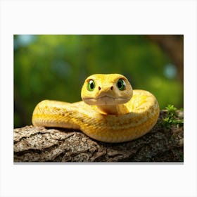 Yellow Baby Snake With A Surprised Expression Vivid Green Eyes Pooled Atop A Gnarled Tree Branch Canvas Print