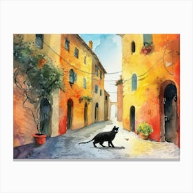 Black Cat In Foggia, Italy, Street Art Watercolour Painting 4 Canvas Print