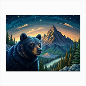 Black Bear In A Mountain Landscape With A Night Sky Canvas Print