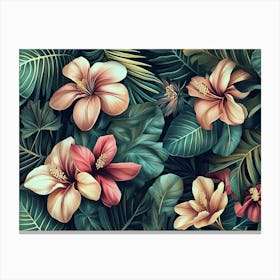 Tropical Seamless Pattern With Exotic Leaves, Strelitzia Flowers, Hibiscus And Plumeria 2 Canvas Print