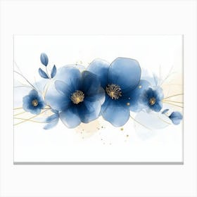 Elegant Abstract Blue Flowers With Golden Line 2 Canvas Print