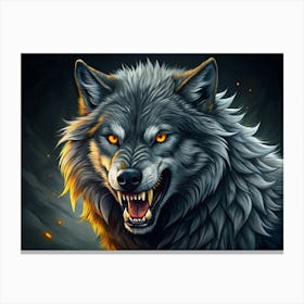 A Close Up Of A Wolf S Snarling Face With Yellow Eyes, Set Against A Dark, Smoky Background Canvas Print