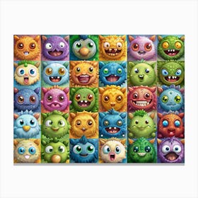 Collection Of 25 Cute Monster Faces With Different Expressions Canvas Print