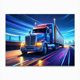 Blue Truck On A City Highway At Night Canvas Print