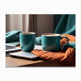 A Cozy, Still Life Image Featuring A Laptop Computer, Two Mugs Of Coffee, And A Warm, Orange Blanket Canvas Print