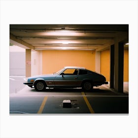 Blue Retro Car In A Parking Garage Photo Canvas Print