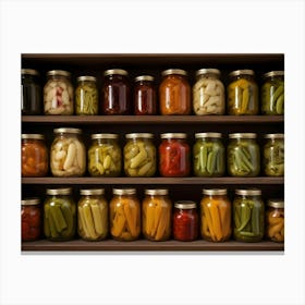 Jars Of Preserved Vegetables Lined Up On Wooden Shelves Canvas Print