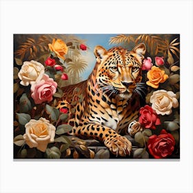 The majestic figure of a tiger emerges from a vibrant scene of roses and palm fronds. The tiger's intense gaze attracts attention, Canvas Print