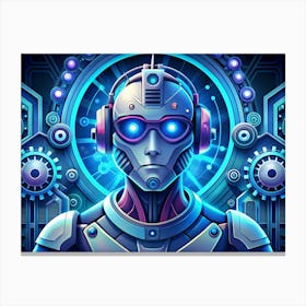 Futuristic Cyborg With Headphones And Glowing Eyes Canvas Print