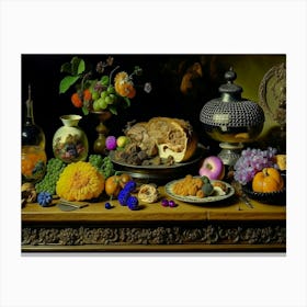 Table With Fruits And Flowers Canvas Print