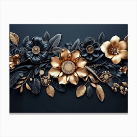 3d Artwork Illustration Background with Golden Jewelry and Flowers in Black 2 Canvas Print