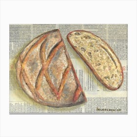 Bread Loaf On Newspaper Food Bakery Kitchen Rustic Farmhouse Decor Canvas Print