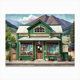 Green Store Front With Mountains In Background Canvas Print