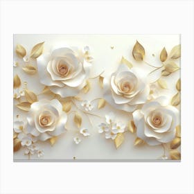 3d White Roses On A White Background, Golden Leaves Elegant Floral Pattern 1 Canvas Print