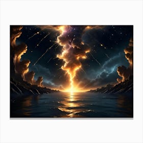 A Dramatic Landscape With A Glowing Orange Explosion In The Sky Over A Body Of Water, Evoking A Sense Of Power And Awe Canvas Print