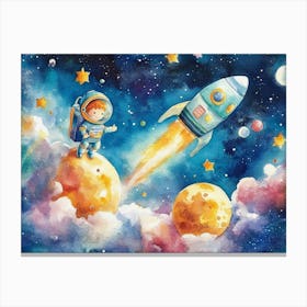 3d Watercolor Space Rocket Adventure Canvas Print