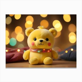 Yellow Plush Bear With Rainbow Lights On A Wooden Floor Canvas Print