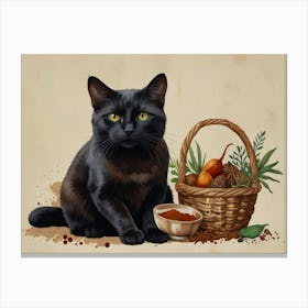 Black Cat With Basket Canvas Print