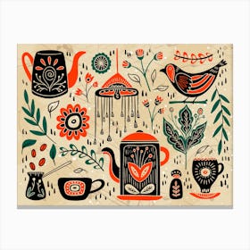 A Set Of Vintage Elements Folk Composition Including Pots Coffee Tea Beans Bird Abstract Flowers And Leaves Organic Abstraction Of Folk Inspired Motifs Rustic Style Of Illustration Canvas Print