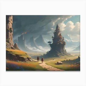 A Fantasy Landscape With Two Figures Walking Towards A Medieval Castle Built On A Tall Rock Formation Canvas Print