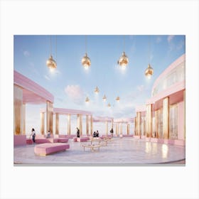 Envision A Nebulous Retail Center Radiating An Alluring Pastel Pink Hue Withbell Shaped Benchesgoss Canvas Print