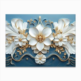 Intricate 3d Artwork Illustration with a White and Blue Backdrop, Embellished with Gold Jewelry Canvas Print