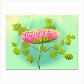 Radiant Bloom - Modern Retro Inspired Pink Flower with Green Leaves Canvas Print