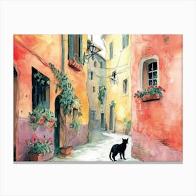 Black Cat In Perugia, Italy, Street Art Watercolour Painting 3 Canvas Print