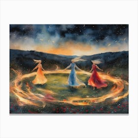 Dance of the Crones ~ Wise Women Fire Dancing on Beltane Drawing up Power from the Earth to Heal and Manifest - Acrylic Painting Colorful Witchy Artwork of Pagan Celtic Festival May Day Eve - Fairytale Powerful Wild Sisters Network Creating Magick HD Canvas Print