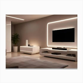 A Modern Living Room Interior With A White Sofa, A Tv, A Plant, A Cabinet, And Accent Lighting Canvas Print